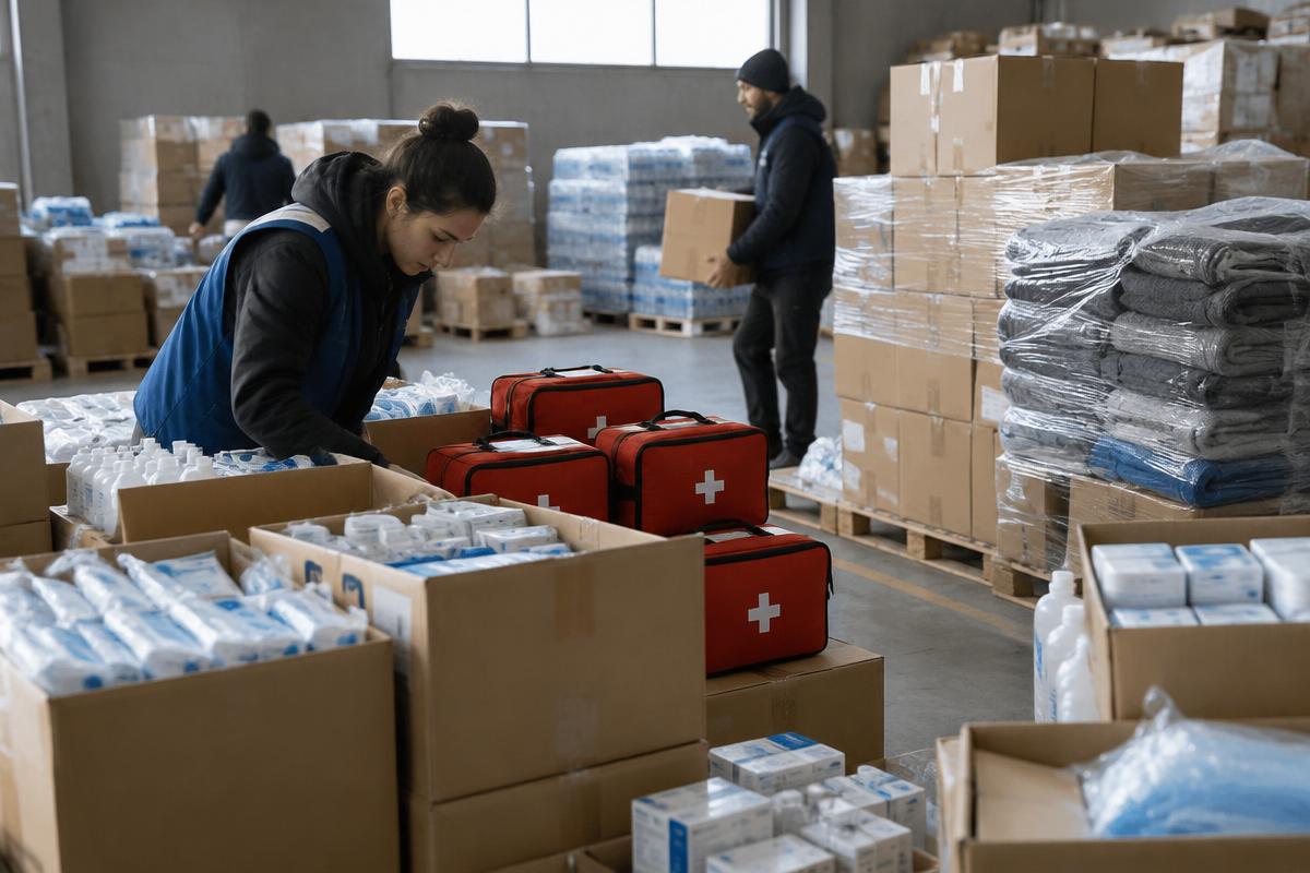 Volunteers sorting boxes of medical supplies